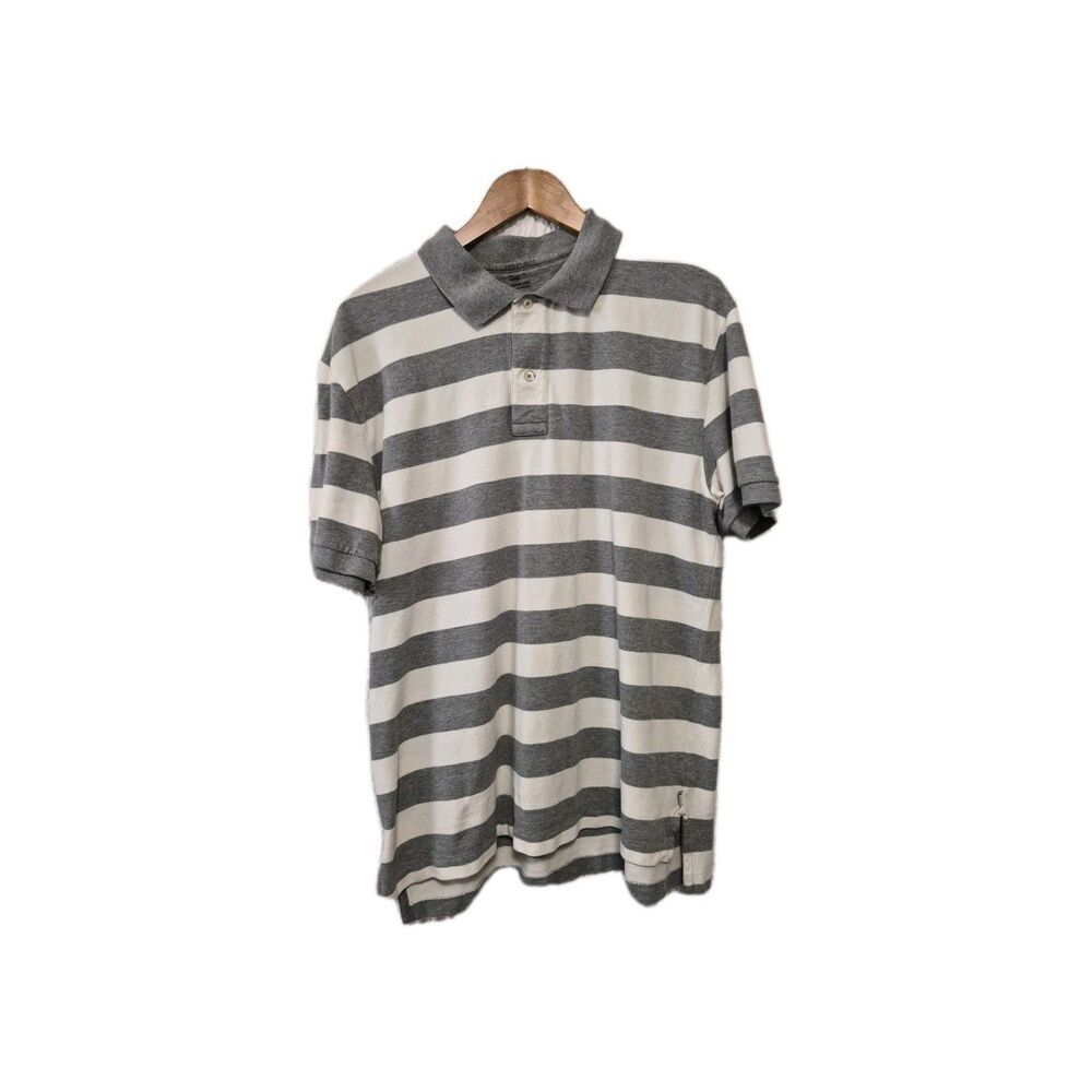 Mens Gap Short Sleeve Gray and White Striped Polo Shirt Size XL Golf Causal Wear